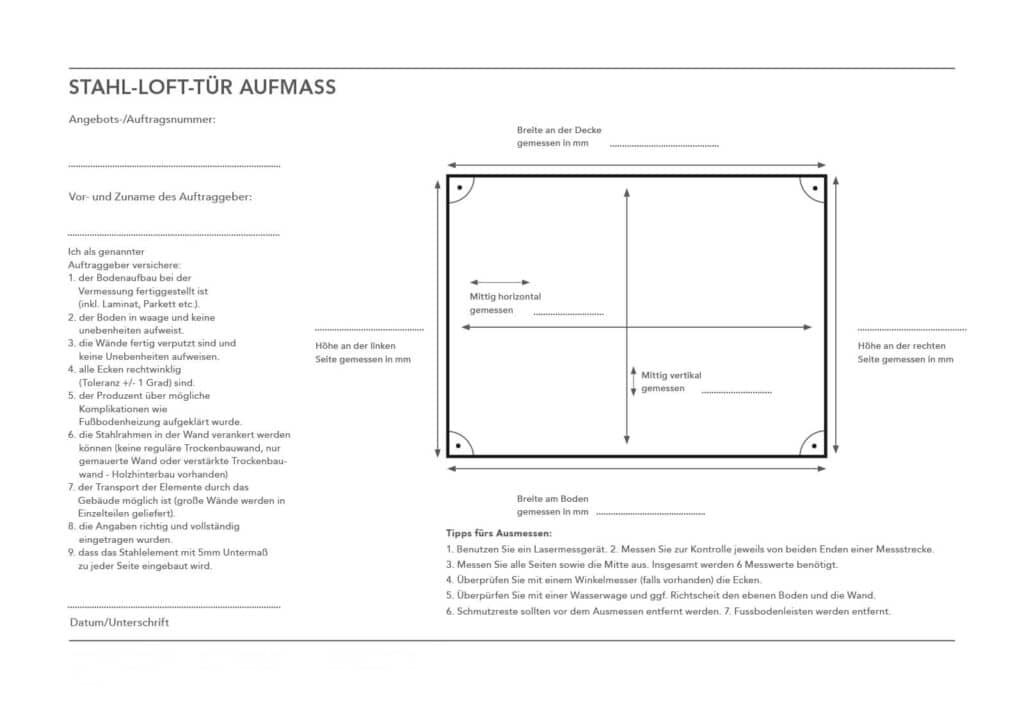 Stahlmeister, Stahl-Meister.de , Lofttür, Aufmaß-Formular, Glastrennwand, Montage