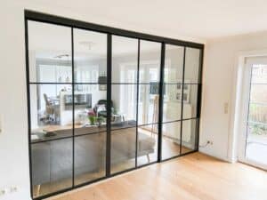 Stahl Meister, Stahl Loft Tür, Glastrennwand, Schiebetür, Lofttür, Windfang, Designtür, Glastür, Raumtrenner, Loft Türen