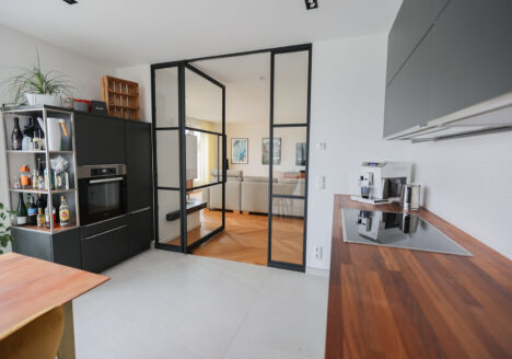 Stahl Meister Raumtrenner als Pivot bzw. Schwingtür, perfekte Trennung für Wohnzimmer, Flur und Küche,Lofttür aus Sicherheitsglas, individuelle Gestaltung und Produktion, Aufmaß und Montage in Leipzig
