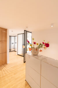 Stahl Meister Premium Lofttür, Windfang als Glastrennwand, Raumtrenner, Pivot-Tür, Schwingtür, Pendeltür, Lofttüren für Abtrennung Wohnzimmer und Flur, Schallschutz und Wärmedämmung, Designgriff, individuell und auf Maß angefertigt, Designinterieur, modernes Wohnen, moderne Architektur, Praxis, Gewerbe