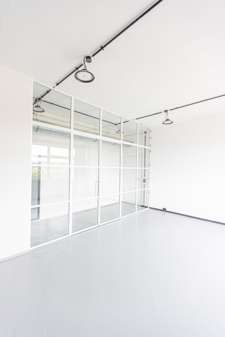 Glastrennwand, RAL 9010 Reinweiss pulverbeschichtet, mit Schallschutz-Glas und Doppel-Tür, feststehenden Seitenteilen und Oberlicht, wunderschöne Lofttür, Stahl Loft Tür, ideal als Raumtrenner