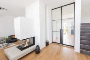 Stahl Lofttür Pivottür Doppel-Schwingtür RAL 9005 Tiefschwarz, Loft Tür, Abtrennung Flur Wohnzimmer und Küche, Pivot-System, Feinsturktur, Raumhoch, Designtür, Stahlrahmen