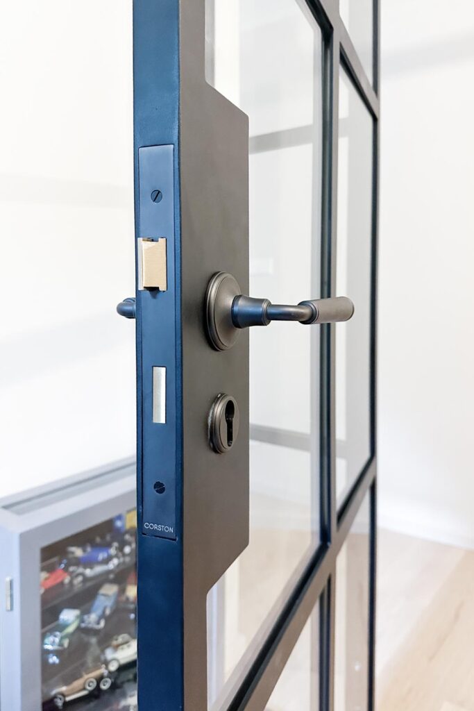Stahl Meister Stahl Loft Türr - Lofttür als Glastrennwand und Raumtrenner für Büro und Homeoffice- guter Schallschutz mit 10.76mm VSG-Glas und Design Türbeschlag von Corston Digby Bronze Türdrücker mit Einsteckschloss